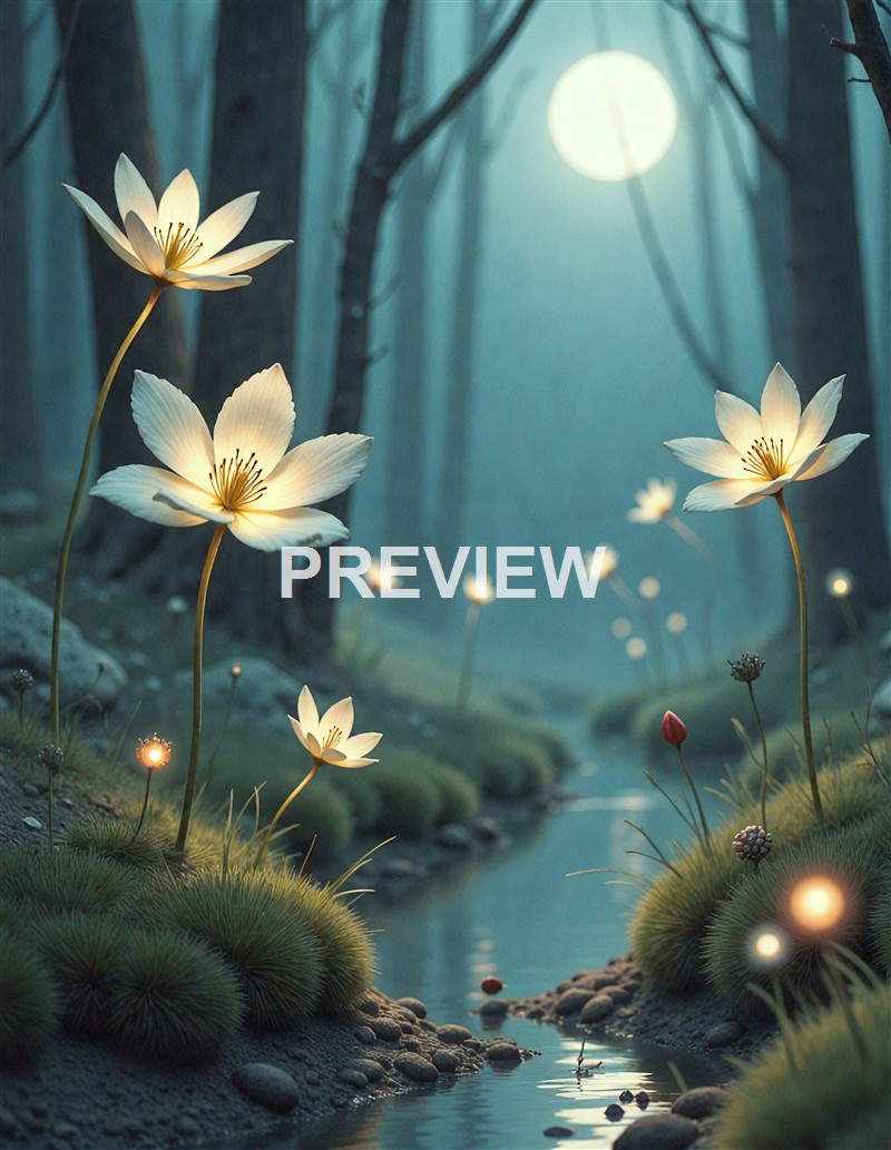 A surreal, illuminated forest scene with glowing white flowers along a small stream, under a large full moon in a misty, dark blue-toned environment.